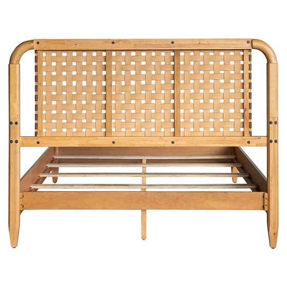 English Elm Woven Faux Leather Queen Bed with Caramel Maple Wood Frame, PU Upholstery, 6" Clearance & Sturdy Design B035S00058