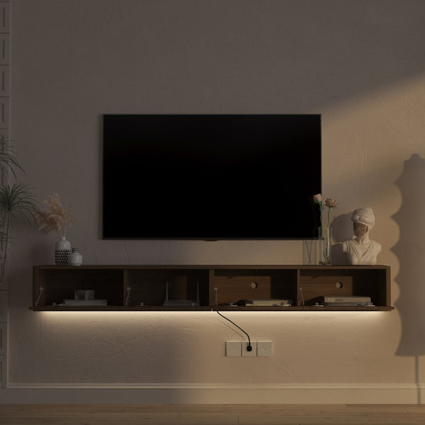 English Elm Floating Wall Mounted Tv Stand High Gloss Cabinet with Led Lighting and Power Strip W1321P437018