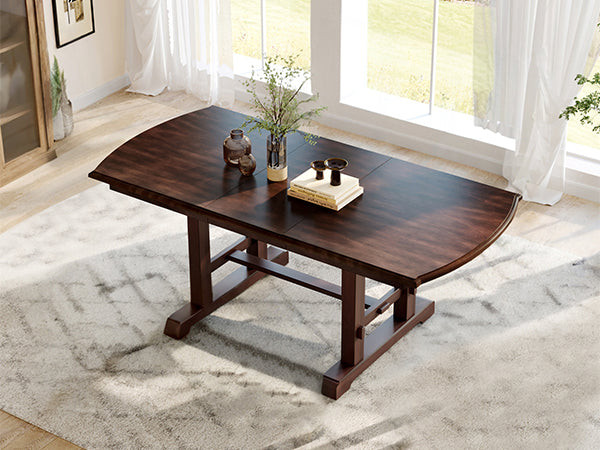 English Elm 60"-78" Extendable Dining Table with Removable Leaf, Solid Wood Farmhouse Kitchen Table for 4-8 Guests, Durable Finish and Easy Care Guidance Cherry N752P271802C