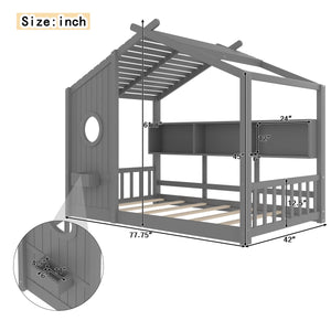 English Elm Twin House Floor Bed for Kids Montessori Playhouse with Roof, Built-In Shelf, Sturdy Pine Frame, Safeologna Gray 78.6 L x 16.6 W x 6.85 H N733P335064E