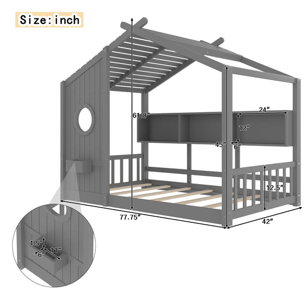 English Elm Twin House Floor Bed for Kids Montessori Playhouse with Roof, Built-In Shelf, Sturdy Pine Frame, Safeologna Gray 78.6 L x 16.6 W x 6.85 H N733P335064E