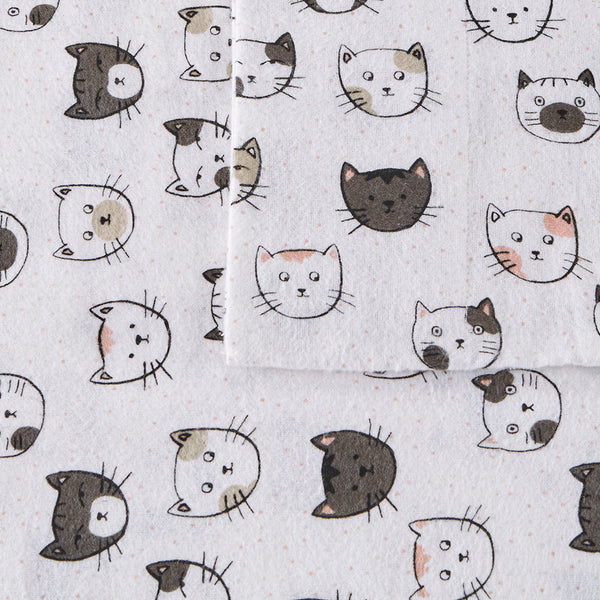 JLA Home Intelligent Design - 100% Cotton Flannel Sheet Set – Ultra-Soft 135gsm Pigment Print for Warmth, Breathable Comfort & Lasting Color Grey/Pink Cats ID20-1552