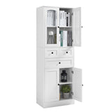 English Elm Tall Bathroom Storage Cabinet, Cabinet With Four Doors and Drawers, Adjustable Shelf, Mdf Board, White