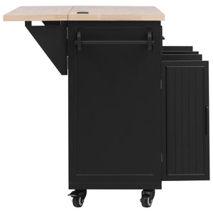 English Elm K&K 56.5" Kitchen Island with Drop Leaf, Embossed Vertical Stripe Barn Doors, Wheels & Charging Hub Black N707P263094B