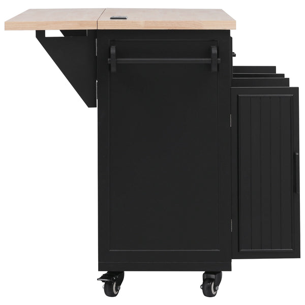 English Elm K&K 56.5" Kitchen Island with Drop Leaf, Embossed Vertical Stripe Barn Doors, Wheels & Charging Hub Black N707P263094B