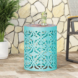 English Elm Christopher Knight Home® - CASTANA Side Table with Lace Cut Metal Frame and Tile Mosaic Top – Durable Powder-Coated Outdoor Accent Teal 70509.00T