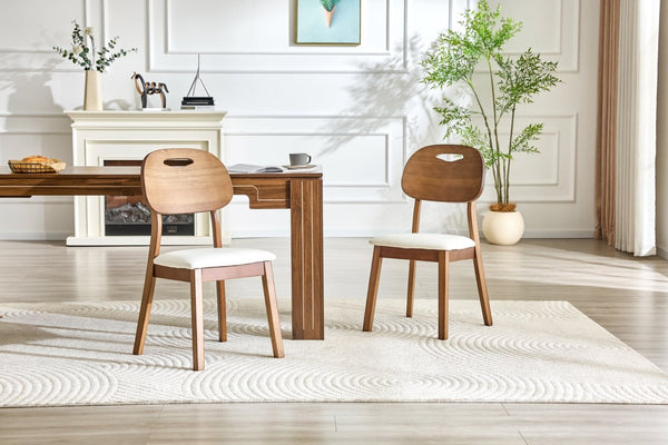 English Elm 2 Solid Walnut Toned Wood Dining Chairs Gray Fabric Seat Hollowed Backrest Modern Walnut,White W1151P455539
