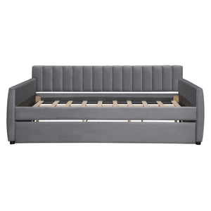 English Elm Full Size Velvet Upholstered Daybed with Pull Out Trundle and Wood Slat Support Gray LP100121AAE