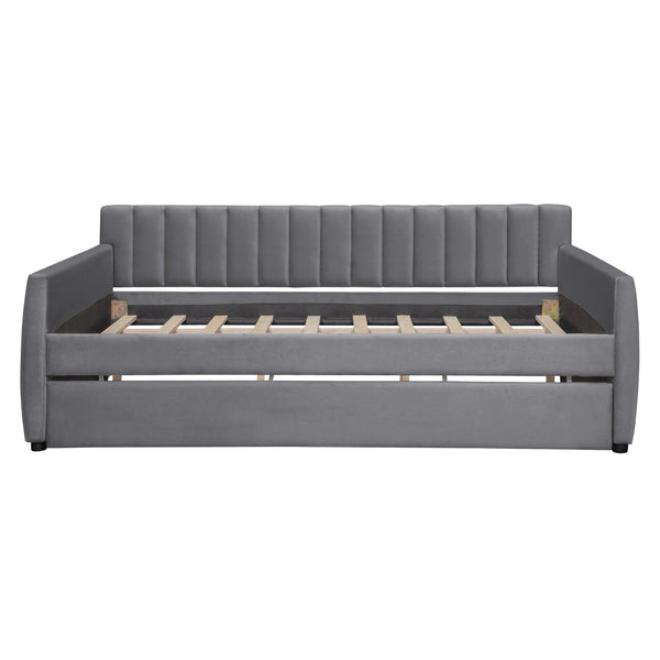 English Elm Full Size Velvet Upholstered Daybed with Pull Out Trundle and Wood Slat Support Gray LP100121AAE