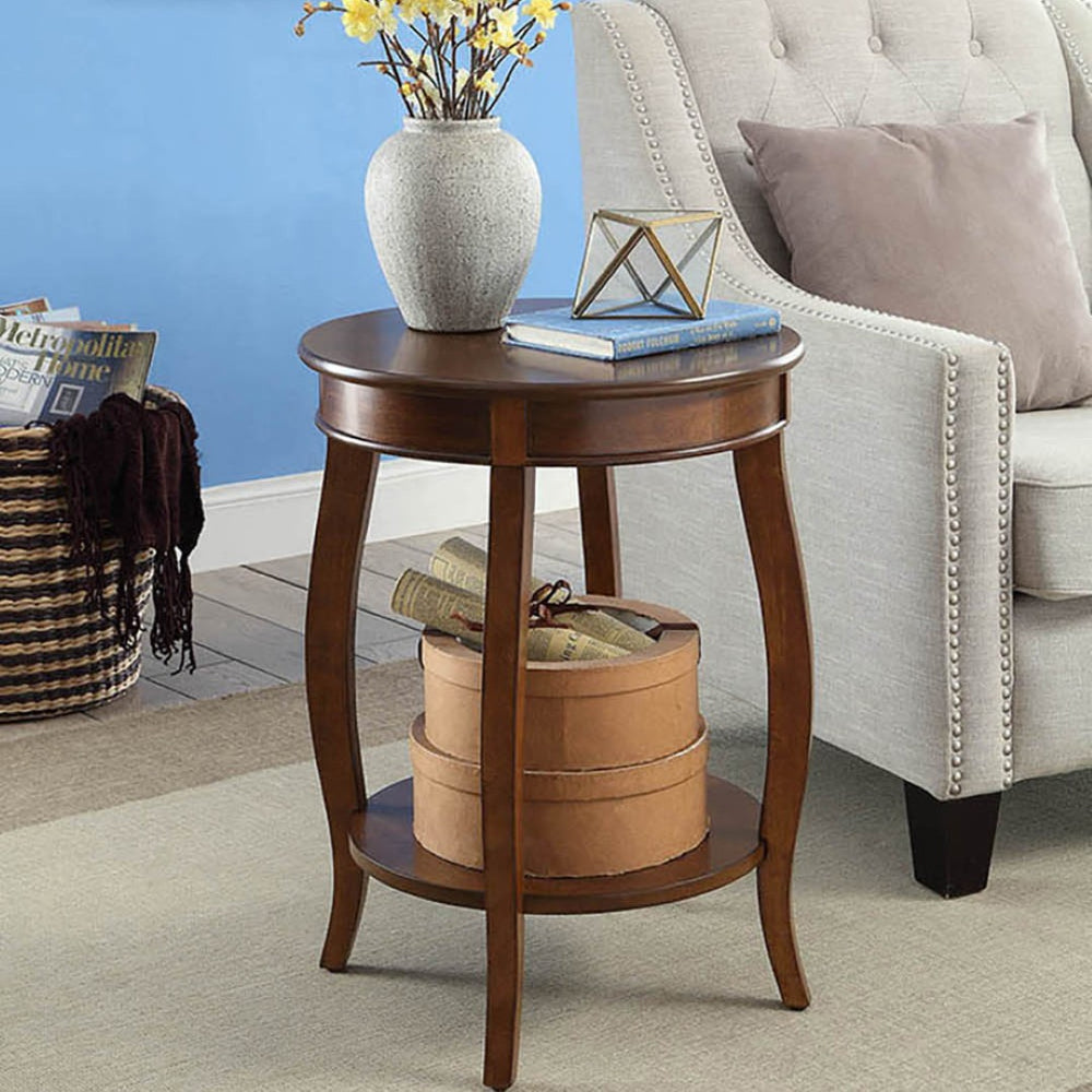 English Elm Walnut Round Side Table With Cabriole Legs & Lower Shelf – Perfect Accent For Cozy Spaces! B062P189129-GIGA