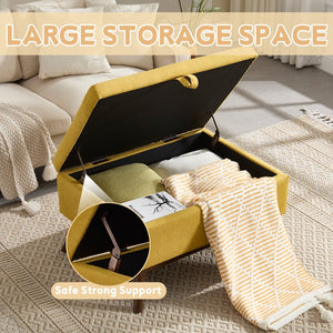 English Elm Mid-century square storage bench with solid wood frame, microfiber upholstery, versatile ottoman seat and tabletop functionality for living room and entryway appeal Yellow W1539P269657