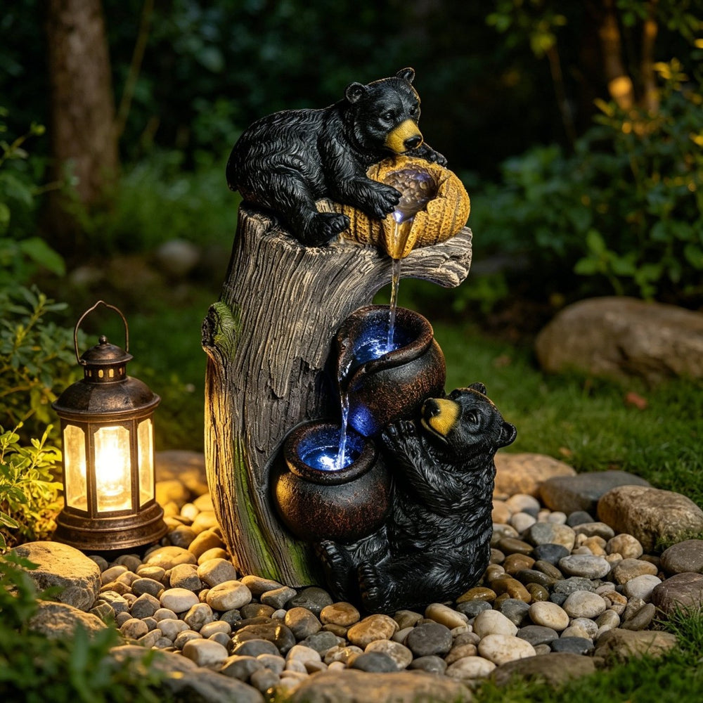 English Elm Outdoor Rustic Barrel Resin Fountain with Led Lights Farmhouse Waterfall Patio Decor W5397P453894