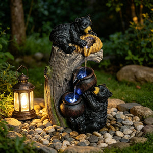 English Elm Outdoor Rustic Barrel Resin Fountain with Led Lights Farmhouse Waterfall Patio Decor W5397P453894