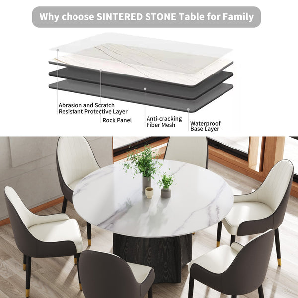 English Elm 53" Round Marble Dining Table – Elegant Sintered Stone Top With Black Solid Wood Base For 6 People W1535S00379