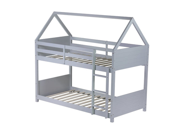 English Elm Twin House Floor Bunk Bed With Guardrails, Ladder & Headboards - Stylish Light Grey Rubber Wood Design W504P227969-GIGA