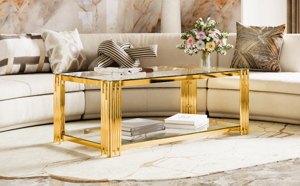 English Elm Modern Glam Rectangular Coffee Table with Mirrored Top Gold Sculptural Frame Open Shelf Transparent N735P380099K