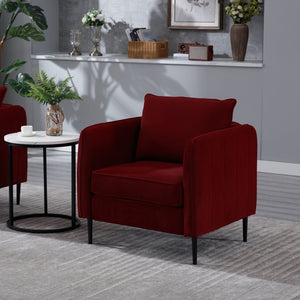 English Elm Accent Velvet Armchair Mid-century Modern Plush Seat with Metal Legs for Any Room Wine Red W3244P327125