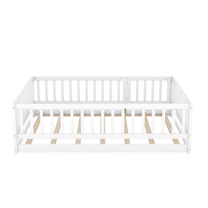 English Elm Full Size Pine Montessori Floor Bed with Fence & Removable Door, Sturdy Kids Bed White Playhouse W1820P349301