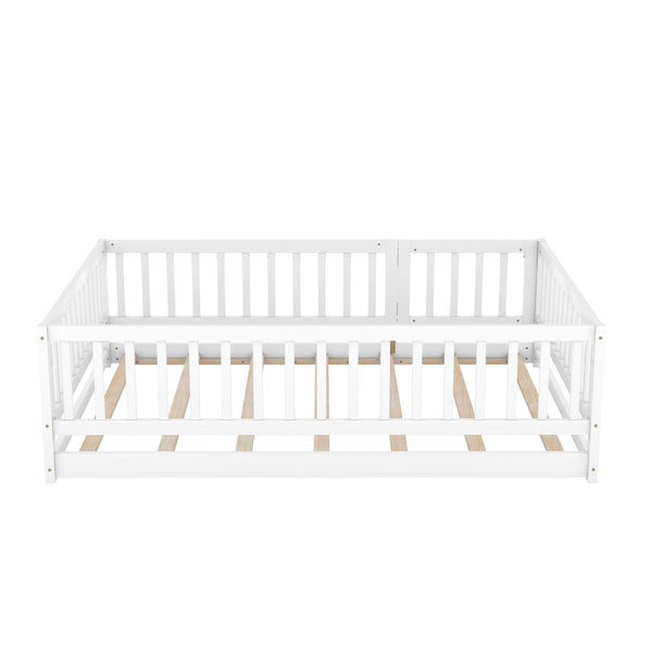English Elm Full Size Pine Montessori Floor Bed with Fence & Removable Door, Sturdy Kids Bed White Playhouse W1820P349301