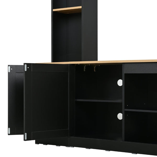 English Elm Arched Farmhouse Entertainment Center with Open Shelving for Living Room Black N721S000063B