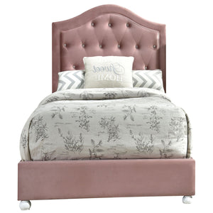 English Elm Pink Tufted Panel Bed Arched Headboard with Crystal Buttons, 13-Slat Low-Profile Frame, White Legs B062S00472