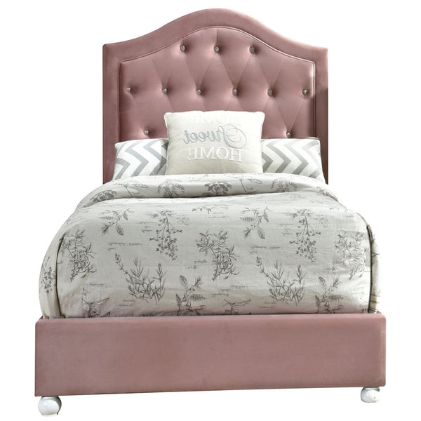 English Elm Pink Tufted Panel Bed Arched Headboard with Crystal Buttons, 13-Slat Low-Profile Frame, White Legs B062S00472