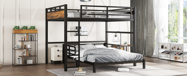 English Elm Twin Xl Solid Pine Loft Bed with Built-in Led Lighting and Storage Shelves Vintage,Wood W1580S00443