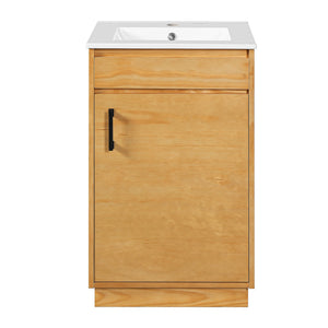 English Elm 20-inch Farmhouse Bathroom Vanity with Ceramic Sink, Freestanding Single Cabinet, Soft-Close Door, Adjustable Shelf, Natural Wood-Grain Finish N710P334910P