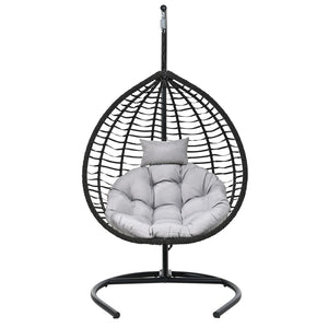 English Elm U_style Wicker Hanging Egg Chair with Stand Foldable Indoor Outdoor Swing Seat Black+ Gray N711P389502E