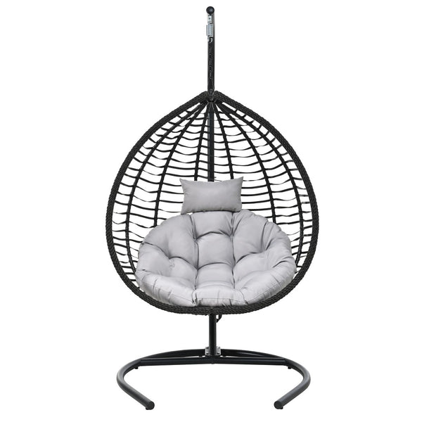 English Elm U_style Wicker Hanging Egg Chair with Stand Foldable Indoor Outdoor Swing Seat Black+ Gray N711P389502E