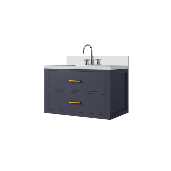 English Elm Blue 30" Single Bath Vanity w/ White Quartz Top, Chrome Gooseneck Faucet, Soft-Close Storage Elegance B2731P257932