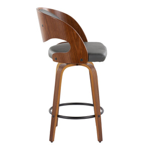 English Elm Pino 26" Mid-Century Counter Stool Set of 2 – 360° Swivel Grey Faux Leather, Walnut Legs, Black Footrest B202S00369