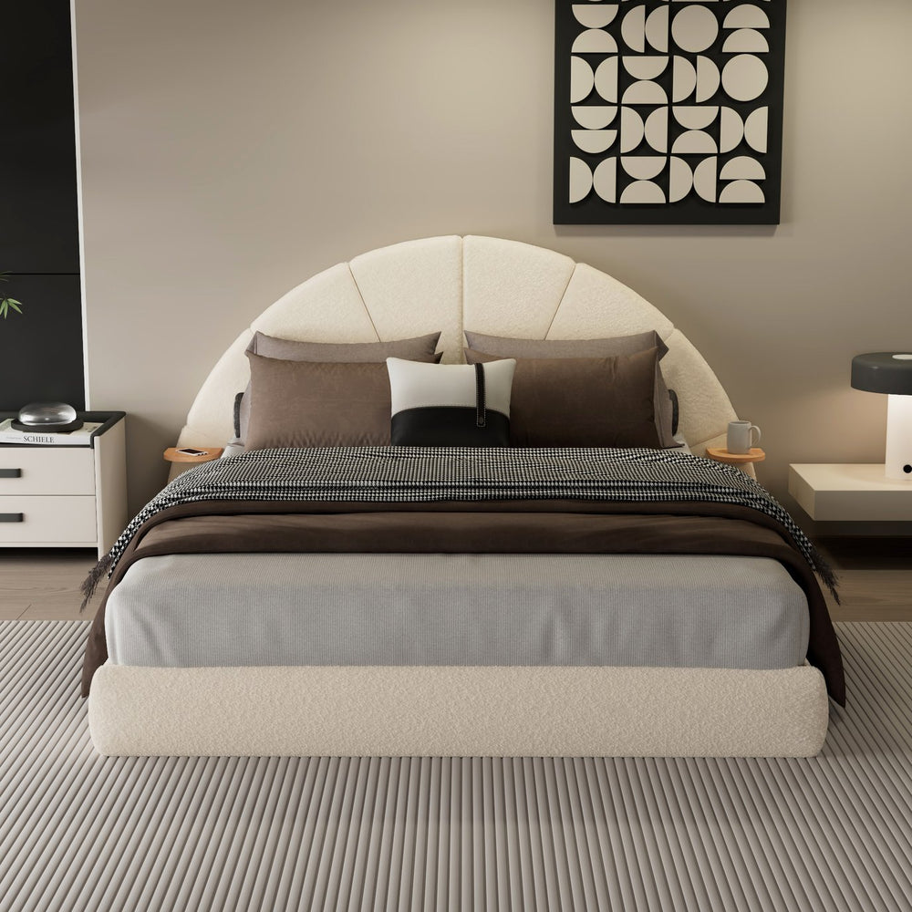 English Elm Christopher Knight Home® - Unique Arched Bouclé Bed Queen Beige with Built-In Side Table, Plush Fabric, Stable 800lb Capacity N769P294907Q