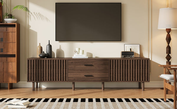 English Elm 70inch Rattan Door Media Console with Iron Legs Natural Wood Finish Living Room N710P429516Q