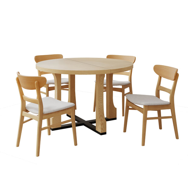 English Elm Christopher Knight Home® - 5PCS Mid-Century Modern Dining Set with Round Wood Table and Upholstered Fabric Chairs, Sleek Design Beige+Natural 58915.00LBE_N771P240936K