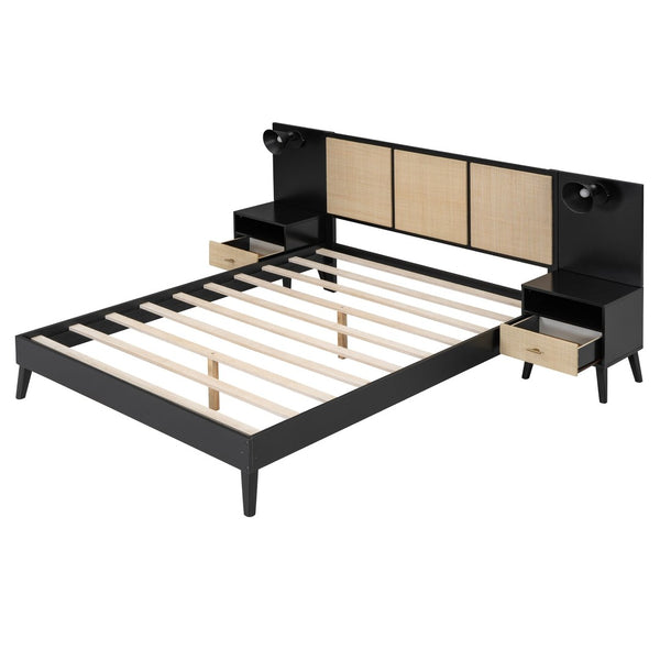 English Elm Queen Solid Wood Bed Frame With 2 Nightstands, Rattan Accents, Built-In Lamps For Cozy Bedrooms N820S00019AAB-GIGA