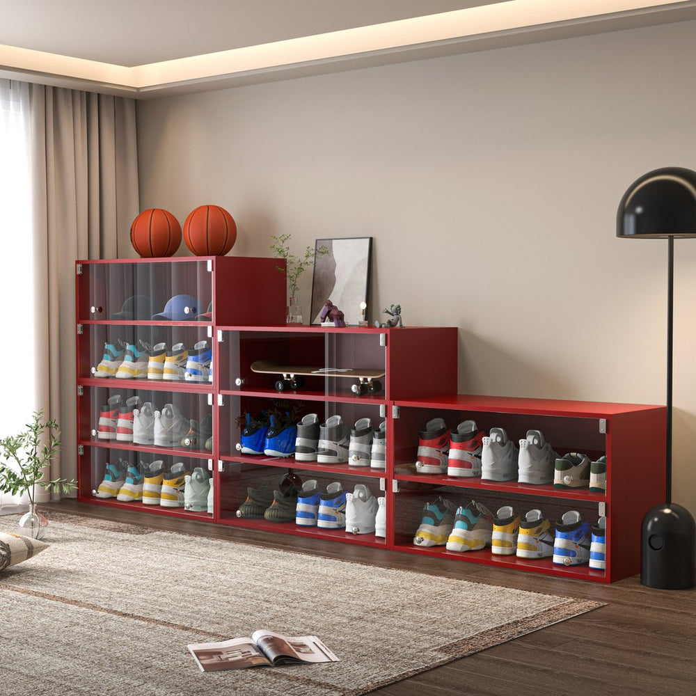 English Elm Red Glass Door Shoe Box Showcase Cabinet for Sneakers with RGB LED Lights, Wall-Mountable, Stackable W1320P183133