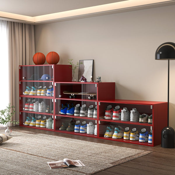 English Elm Red Glass Door Shoe Box Showcase Cabinet for Sneakers with RGB LED Lights, Wall-Mountable, Stackable W1320P183133