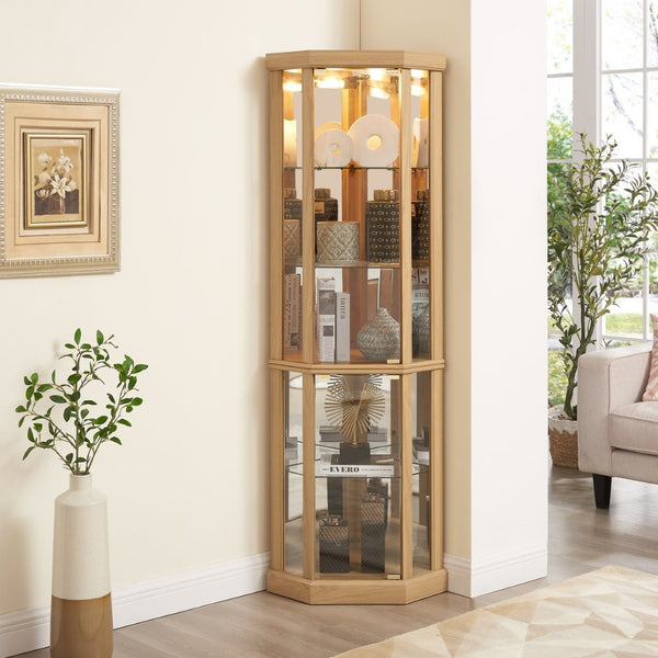 English Elm Corner Curio Cabinet with Built-in Lighting Mirrored Back and Adjustable Glass Shelves W2275P194427