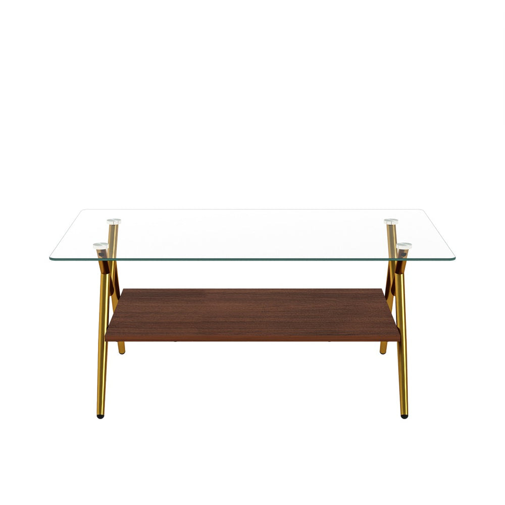 English Elm Rectangle Coffee Table With Clear Tempered Glass Top & Gold Metal Legs For Elegant Living Rooms W241142554-GIGA
