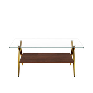 English Elm Rectangle Coffee Table With Clear Tempered Glass Top & Gold Metal Legs For Elegant Living Rooms W241142554-GIGA