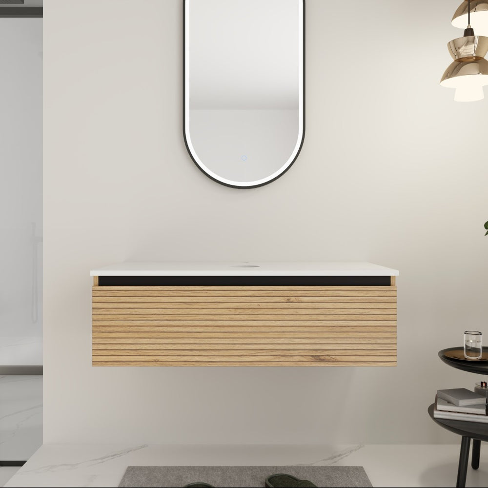 English Elm 36'' Floating Wall Mounted Bathroom Vanity Plywood Build with Soft Close Drawer W999P285411