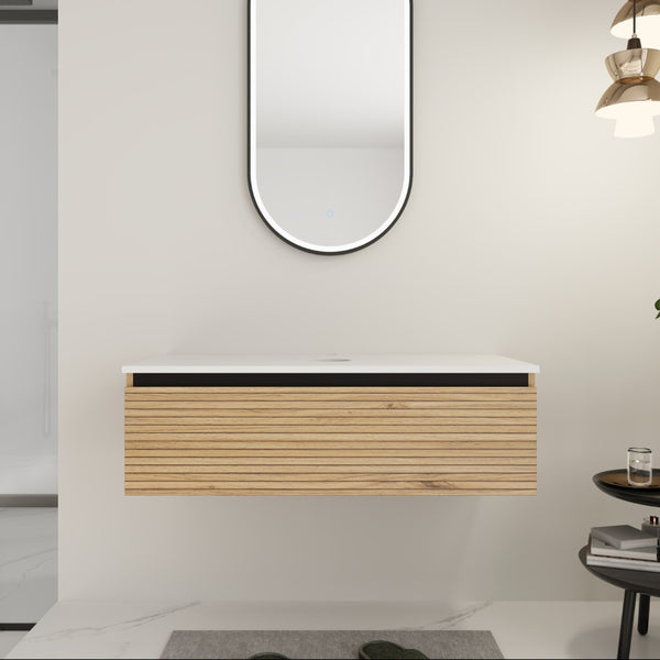 English Elm 36'' Floating Wall Mounted Bathroom Vanity Plywood Build with Soft Close Drawer W999P285411