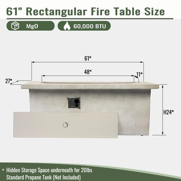 English Elm 60" 70in Concrete Propane Fire Pit Table 60000 BTU with Storage Cabinet, Pulse Ignition, Light Gray W853P202206