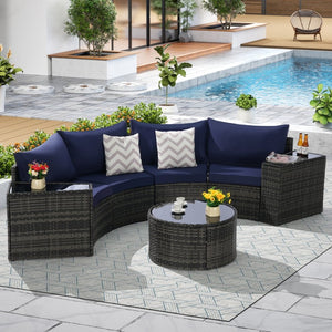 English Elm Outdoor Half Moon Sectional Set 7 Piece Rattan Sofa with Tempered Glass Coffee Table Dark Blue W874S00045
