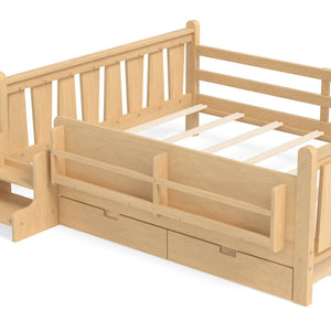 English Elm Queen Bunk Bed with Trundle Solid Pine Kids Car Themed Frame Built-in Bookshelf Light Natural W1580S00544