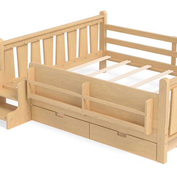 English Elm Queen Bunk Bed with Trundle Solid Pine Kids Car Themed Frame Built-in Bookshelf Light Natural W1580S00544
