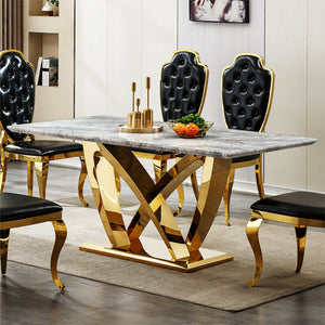 English Elm Marble Dining Table For 6 – Stylish 70'' Rectangle Faux Marble Top With Gold Stainless Steel Base W3456S00053