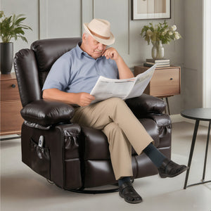 English Elm Massage Swivel Rocker Recliner with Heat Vibration, 360° Rotate, 155° Recline, USB Port, Brown W1521130741