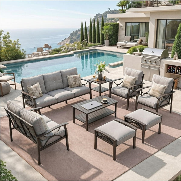 English Elm 8-piece Outdoor Conversation Set 9 Seat Steel Patio Sofa with Thick Cushions Tables Gray B082S00124